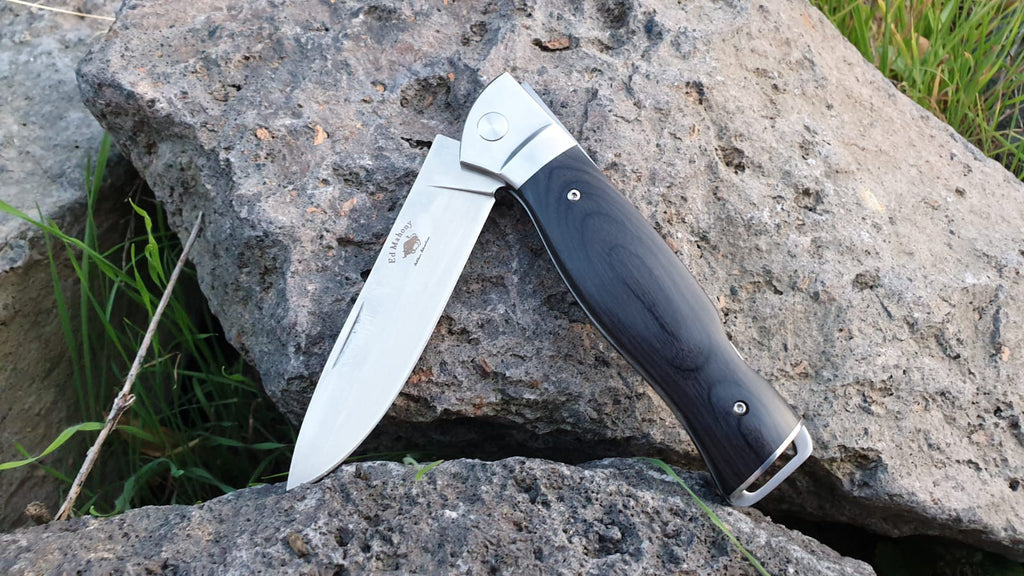 ED MAHONY Ebony Folder 3rd Generation, Taschenmesser, Pakkaholz Griffschalen, Backlock, 440C ED MAHONY
