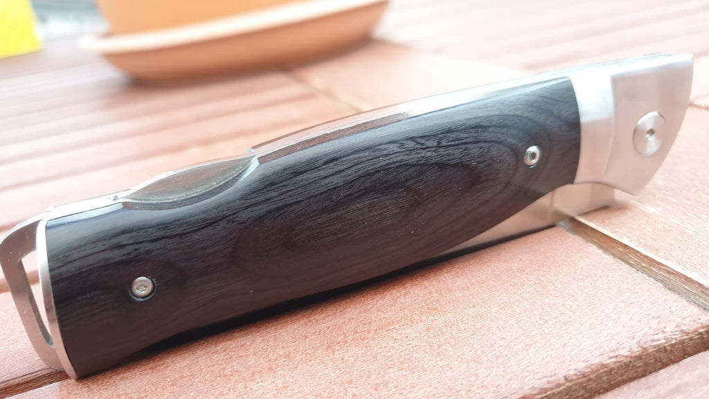 ED MAHONY Ebony Folder 3rd Generation, Taschenmesser, Pakkaholz Griffschalen, Backlock, 440C ED MAHONY