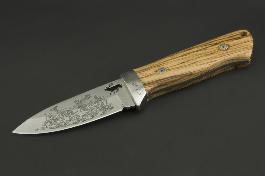 ED MAHONY Red Deer, hunting knife by Detlef Ritter, with art drawing of 2 red deer on the blade ED MAHONY