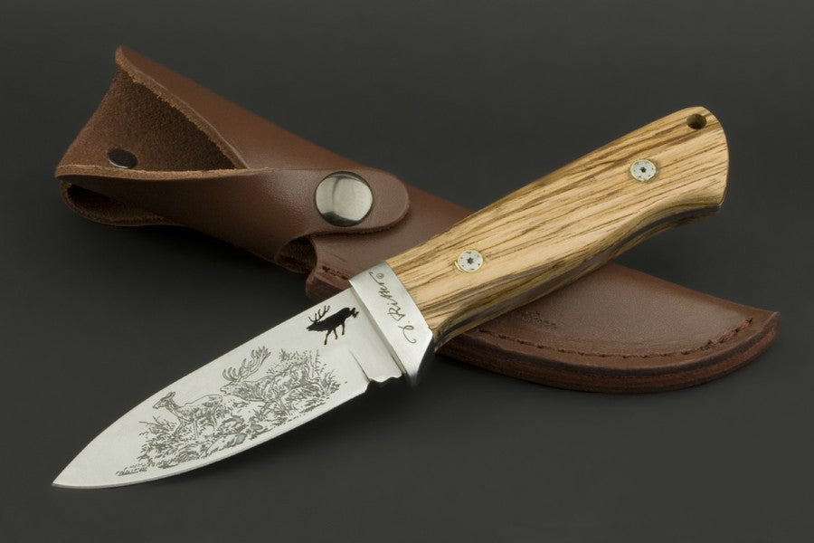 ED MAHONY Red Deer, hunting knife by Detlef Ritter, with art drawing of 2 red deer on the blade ED MAHONY