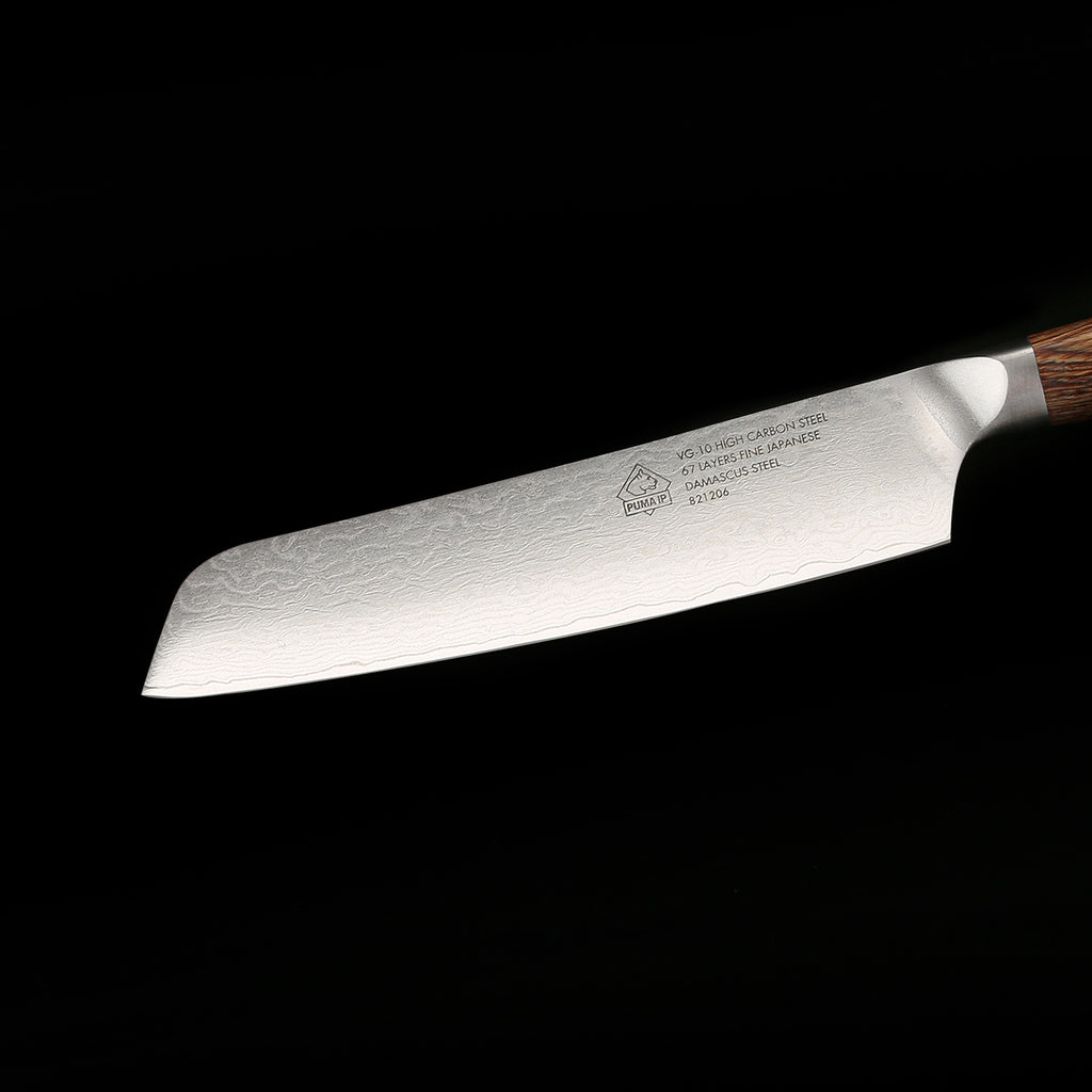 Puma IP 3-tlg., 6” Kochmesser + 5.5”Santokumesser + 2.75” Tourniermesser aus Japanischem VG-10 Damaststahl mit Griff aus Nussbaum-Pakkaholz PUMA