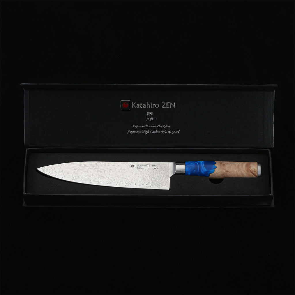 Katahiro Zen 8” Kochmesser, Japanischer VG-10 Damaszener Stahl,  Griff aus weißem Ahorn-Wurzelholz und blauem Acrylharz KATAHIRO ZEN