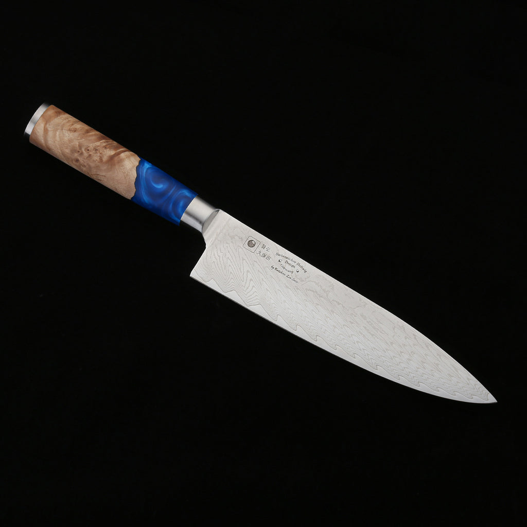 Katahiro Zen 8” Kochmesser, Japanischer VG-10 Damaszener Stahl,  Griff aus weißem Ahorn-Wurzelholz und blauem Acrylharz KATAHIRO ZEN