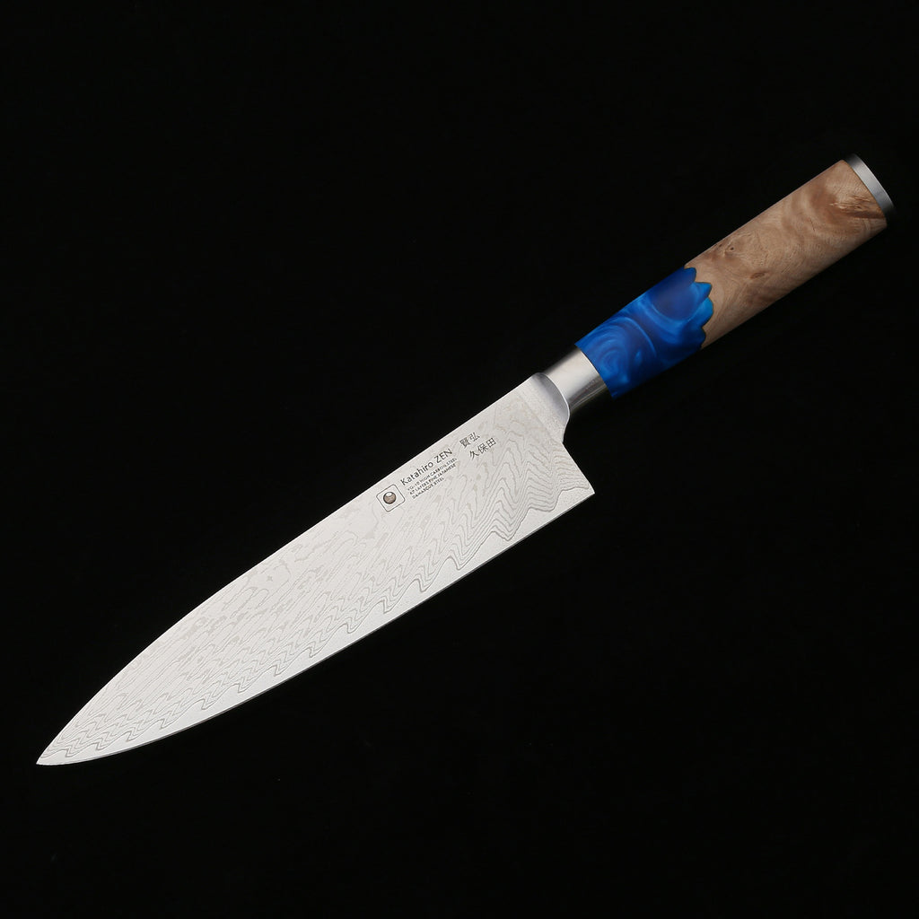 Katahiro Zen 8” Kochmesser, Japanischer VG-10 Damaszener Stahl,  Griff aus weißem Ahorn-Wurzelholz und blauem Acrylharz KATAHIRO ZEN
