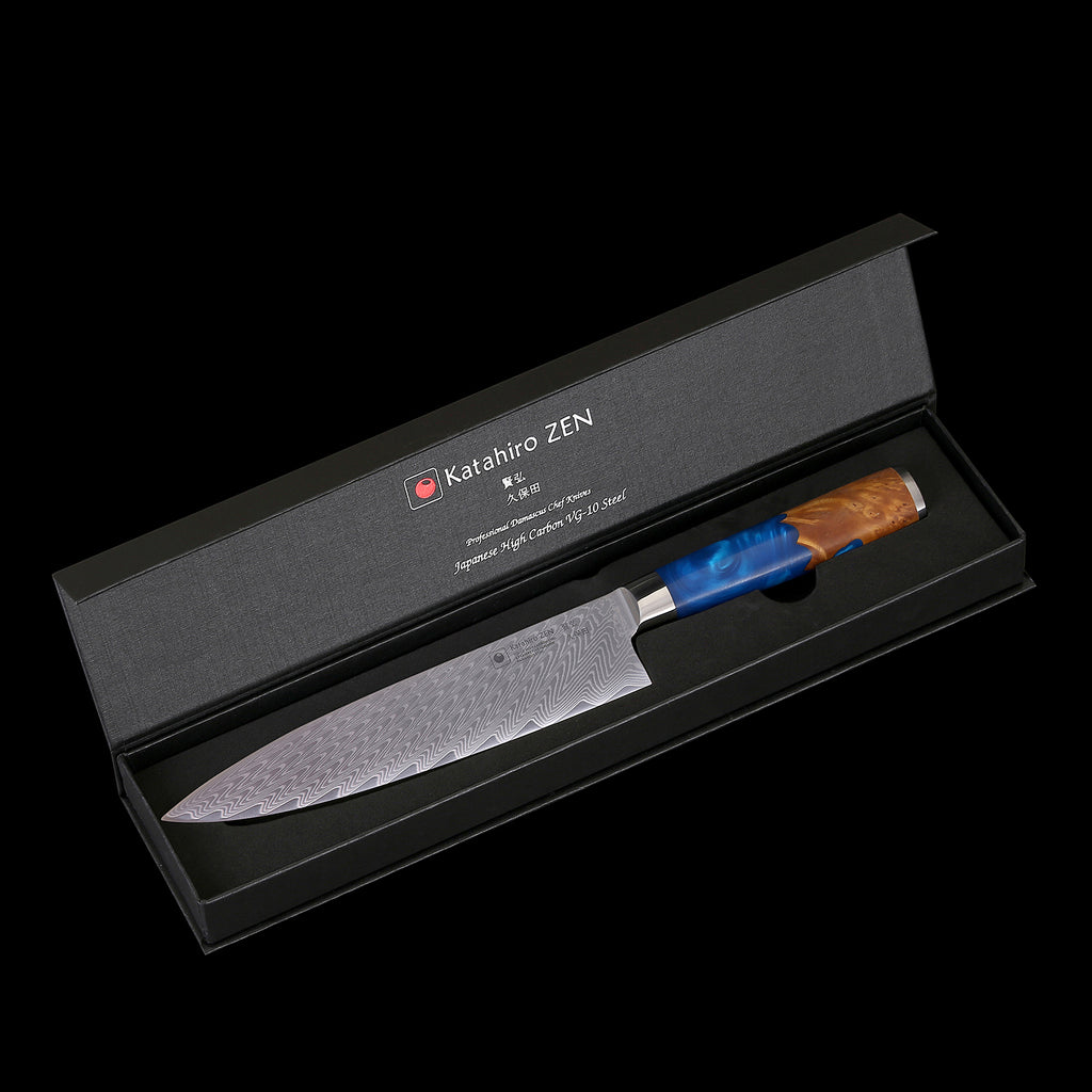 3-tlg. Katahiro Zen Damast Kochmesser-Set (8” Koch-, 7” Santoku-, 5” Santokumesser) Griff aus weißem Ahorn-Wurzelholz und blauem Acrylharz, mit Bambus Magnetmesserhalter und Wasserschleifstein (1000/3000) KATAHIRO ZEN
