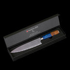 3-tlg. Katahiro Zen Damast Kochmesser-Set (8” Koch-, 7” Santoku-, 5” Santokumesser) Griff aus weißem Ahorn-Wurzelholz und blauem Acrylharz, mit Bambus Magnetmesserhalter und Wasserschleifstein (1000/3000) KATAHIRO ZEN