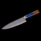 3-tlg. Katahiro Zen Damast Kochmesser-Set (8” Koch-, 7” Santoku-, 5” Santokumesser) Griff aus weißem Ahorn-Wurzelholz und blauem Acrylharz, mit Bambus Magnetmesserhalter und Wasserschleifstein (1000/3000) KATAHIRO ZEN