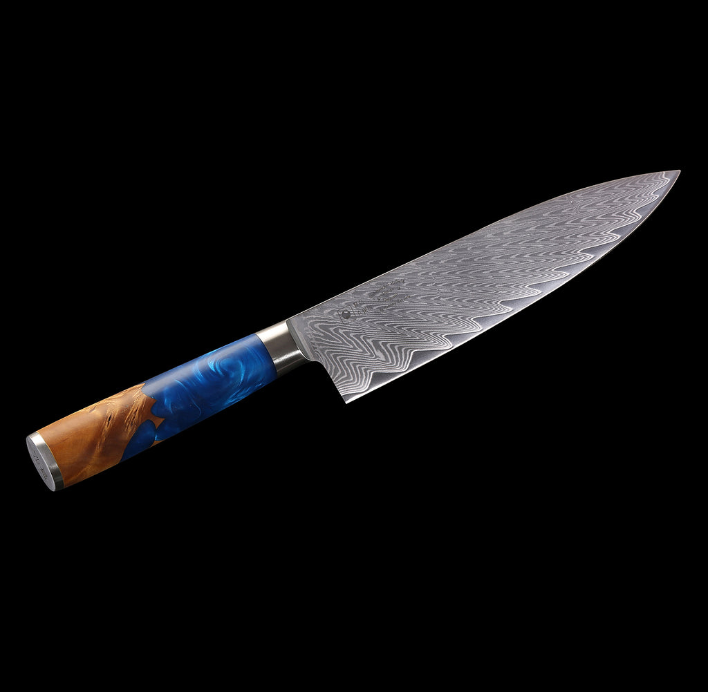 3-tlg. Katahiro Zen Damast Kochmesser-Set (8” Koch-, 7” Santoku-, 5” Santokumesser) Griff aus weißem Ahorn-Wurzelholz und blauem Acrylharz, mit Bambus Magnetmesserhalter und Wasserschleifstein (1000/3000) KATAHIRO ZEN