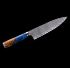 3-tlg. Katahiro Zen Damast Kochmesser-Set (8” Koch-, 7” Santoku-, 5” Santokumesser) Griff aus weißem Ahorn-Wurzelholz und blauem Acrylharz, mit Bambus Magnetmesserhalter und Wasserschleifstein (1000/3000) KATAHIRO ZEN