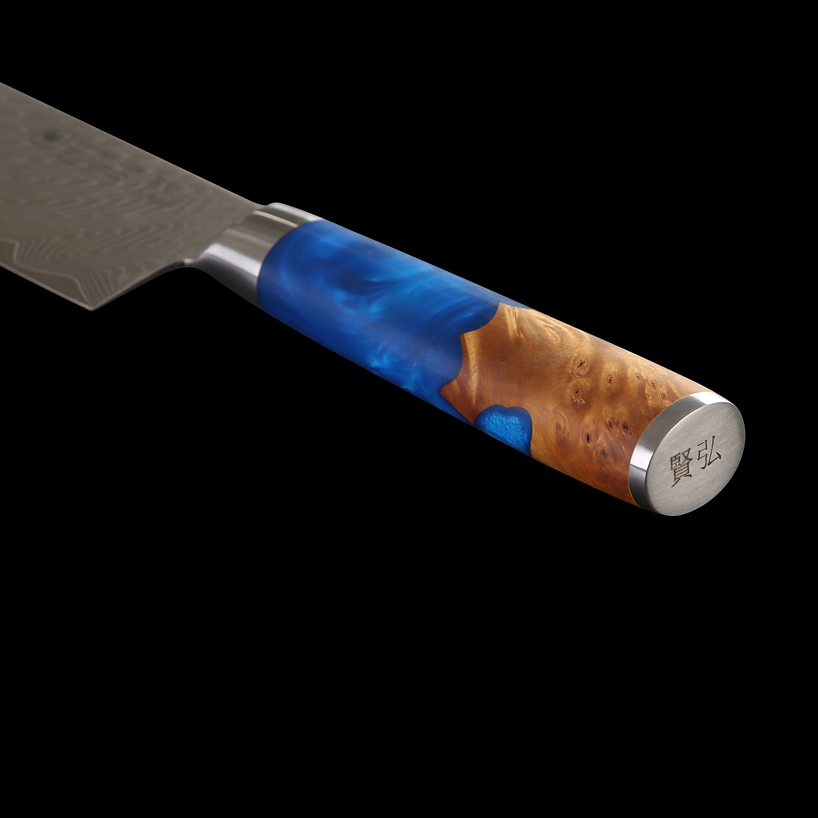 3-tlg. Katahiro Zen Damast Kochmesser-Set (8” Koch-, 7” Santoku-, 5” Santokumesser) Griff aus weißem Ahorn-Wurzelholz und blauem Acrylharz, mit Bambus Magnetmesserhalter und Wasserschleifstein (1000/3000) KATAHIRO ZEN