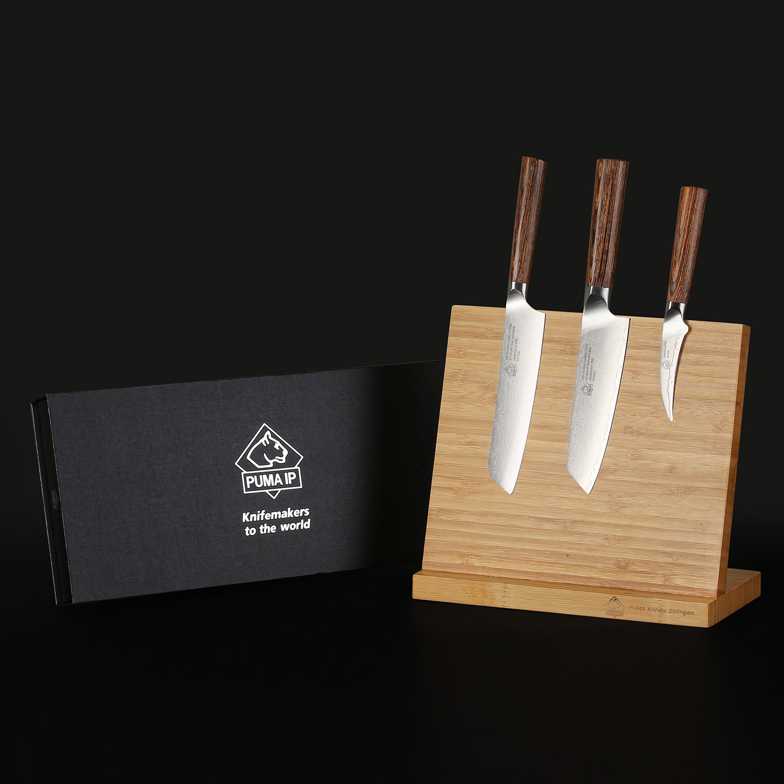 Puma IP 3-tlg., 6” Kochmesser + 5.5”Santokumesser + 2.75” Tourniermesser aus Japanischem VG-10 Damaststahl mit Griff aus Nussbaum-Pakkaholz PUMA