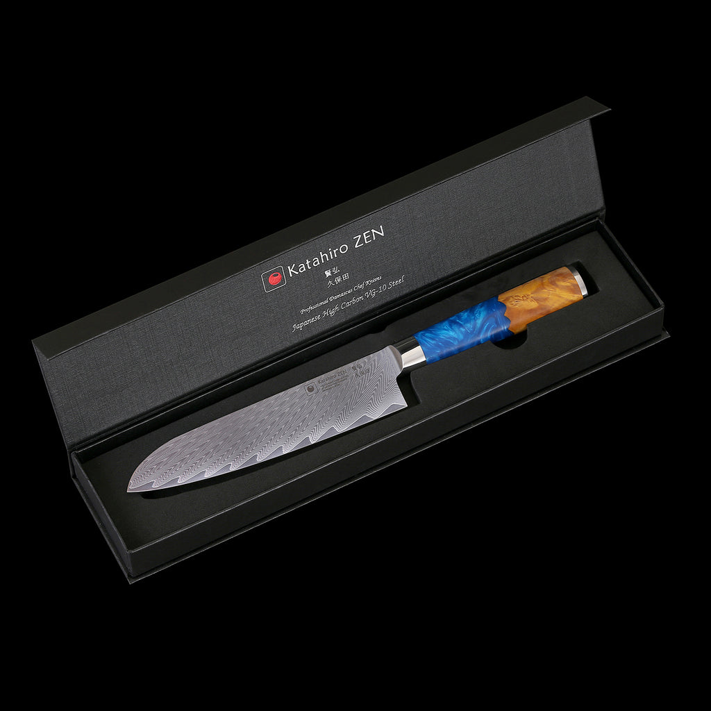 Katahiro Zen 7” Santokumesser, Japanischer VG-10 Damaszener Stahl,  Griff aus weißem Ahorn-Wurzelholz und blauem Acrylharz KATAHIRO ZEN