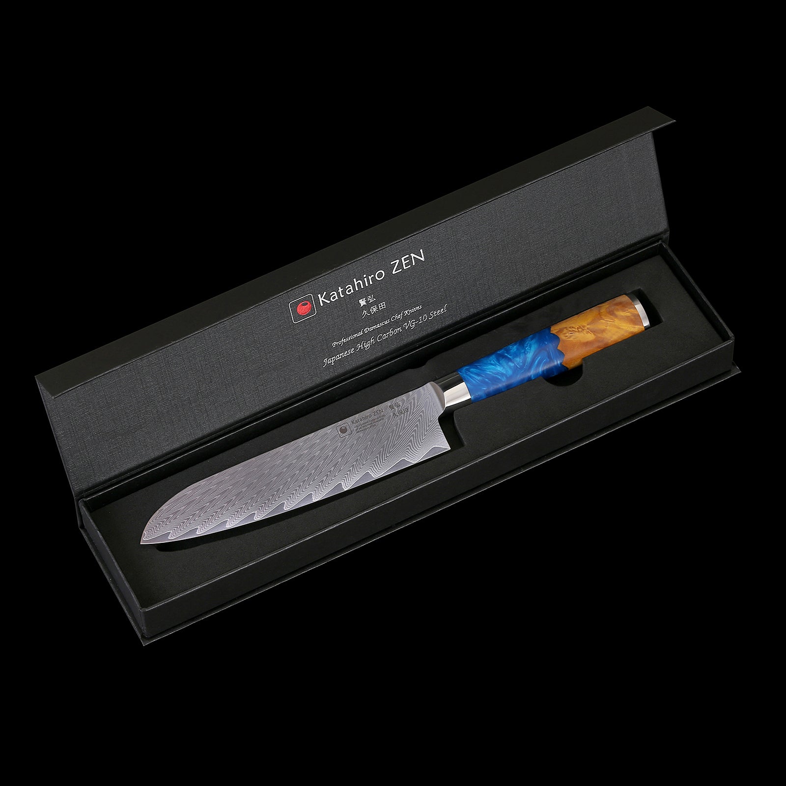 Katahiro Zen 7” Santokumesser, Japanischer VG-10 Damaszener Stahl,  Griff aus weißem Ahorn-Wurzelholz und blauem Acrylharz KATAHIRO ZEN