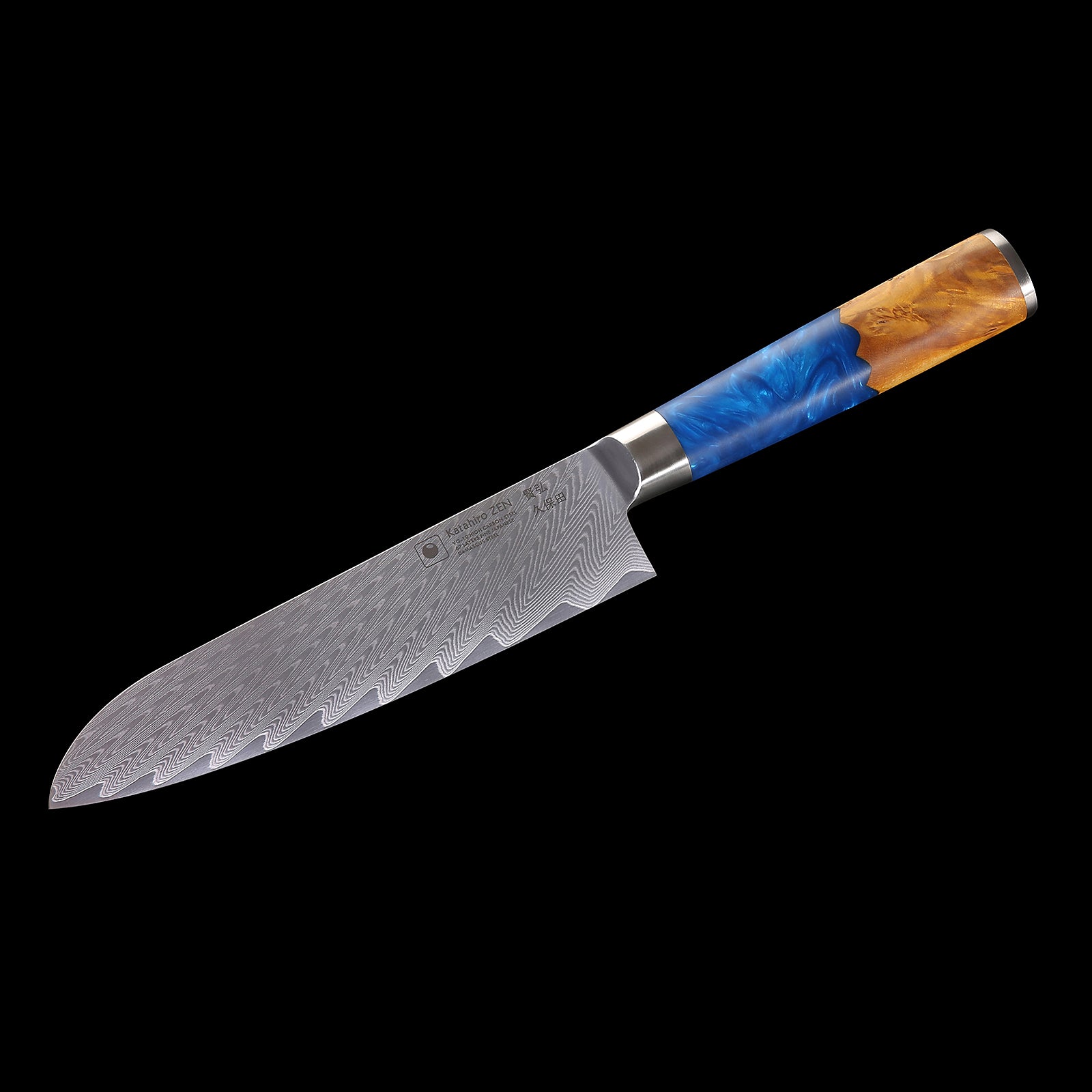 Katahiro Zen 7” Santokumesser, Japanischer VG-10 Damaszener Stahl,  Griff aus weißem Ahorn-Wurzelholz und blauem Acrylharz KATAHIRO ZEN