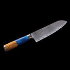 3-tlg. Katahiro Zen Damast Kochmesser-Set (8” Koch-, 7” Santoku-, 5” Santokumesser) Griff aus weißem Ahorn-Wurzelholz und blauem Acrylharz, mit Bambus Magnetmesserhalter und Wasserschleifstein (1000/3000) KATAHIRO ZEN