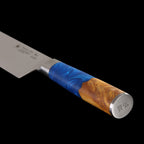 3-tlg. Katahiro Zen Damast Kochmesser-Set (8” Koch-, 7” Santoku-, 5” Santokumesser) Griff aus weißem Ahorn-Wurzelholz und blauem Acrylharz, mit Bambus Magnetmesserhalter und Wasserschleifstein (1000/3000) KATAHIRO ZEN