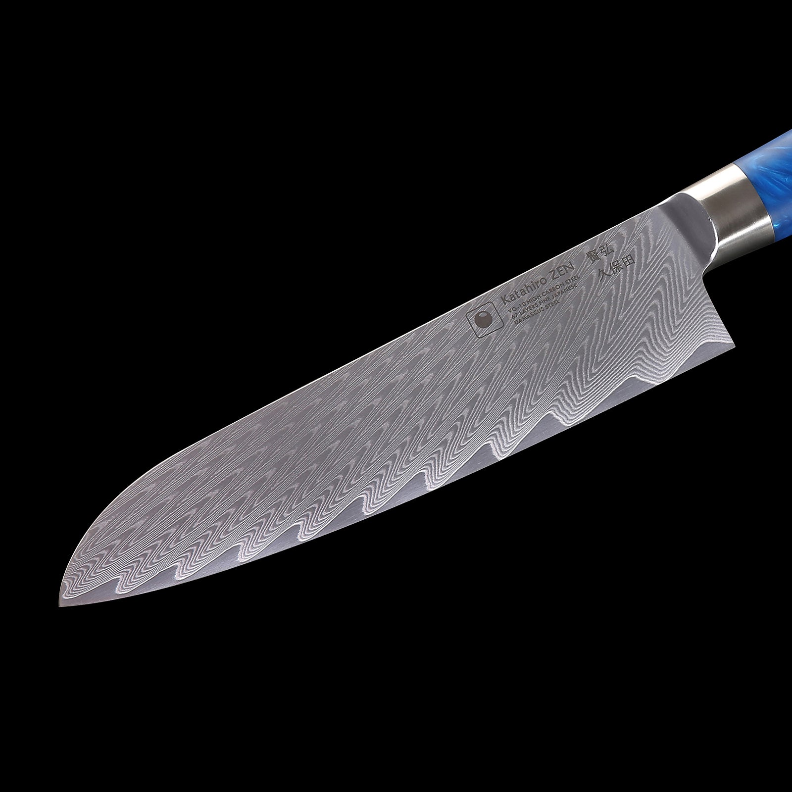 3-tlg. Katahiro Zen Damast Kochmesser-Set (8” Koch-, 7” Santoku-, 5” Santokumesser) Griff aus weißem Ahorn-Wurzelholz und blauem Acrylharz, mit Bambus Magnetmesserhalter und Wasserschleifstein (1000/3000) KATAHIRO ZEN