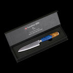 Katahiro Zen 5” Santokumesser, Japanischer VG-10 Damaszener Stahl,  Griff aus weißem Ahorn-Wurzelholz und blauem Acrylharz KATAHIRO ZEN
