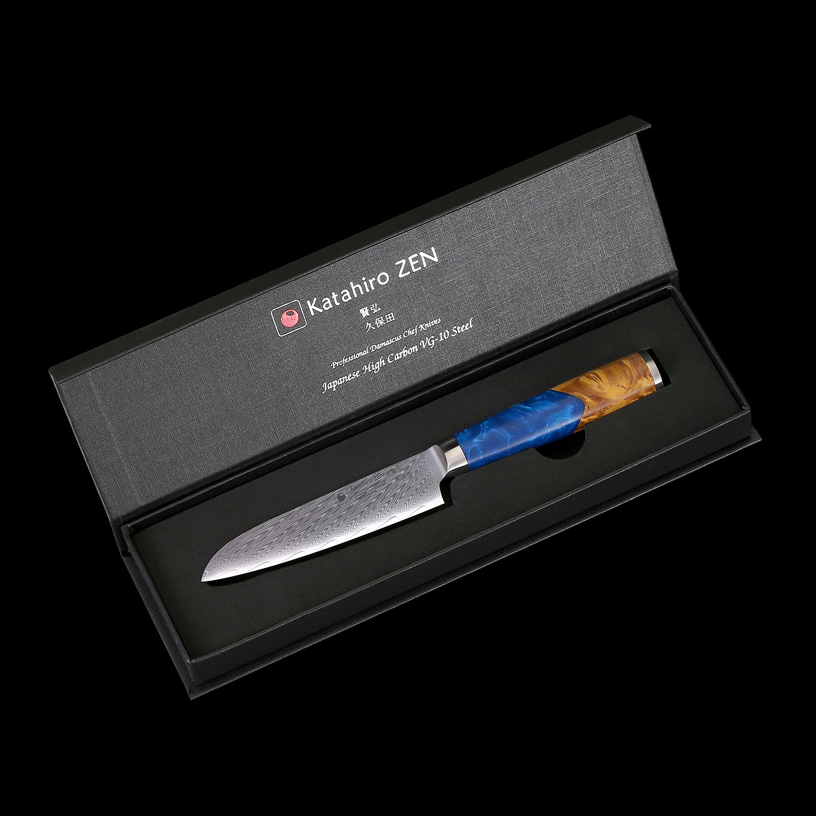 3-tlg. Katahiro Zen Damast Kochmesser-Set (8” Koch-, 7” Santoku-, 5” Santokumesser) Griff aus weißem Ahorn-Wurzelholz und blauem Acrylharz, mit Bambus Magnetmesserhalter und Wasserschleifstein (1000/3000) KATAHIRO ZEN