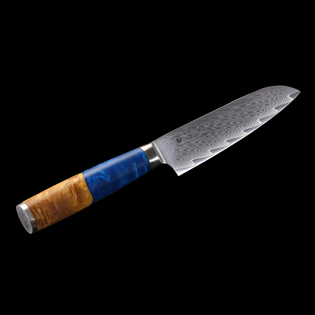 3-tlg. Katahiro Zen Damast Kochmesser-Set (8” Koch-, 7” Santoku-, 5” Santokumesser) Griff aus weißem Ahorn-Wurzelholz und blauem Acrylharz, mit Bambus Magnetmesserhalter und Wasserschleifstein (1000/3000) KATAHIRO ZEN