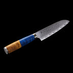 3-tlg. Katahiro Zen Damast Kochmesser-Set (8” Koch-, 7” Santoku-, 5” Santokumesser) Griff aus weißem Ahorn-Wurzelholz und blauem Acrylharz, mit Bambus Magnetmesserhalter und Wasserschleifstein (1000/3000) KATAHIRO ZEN