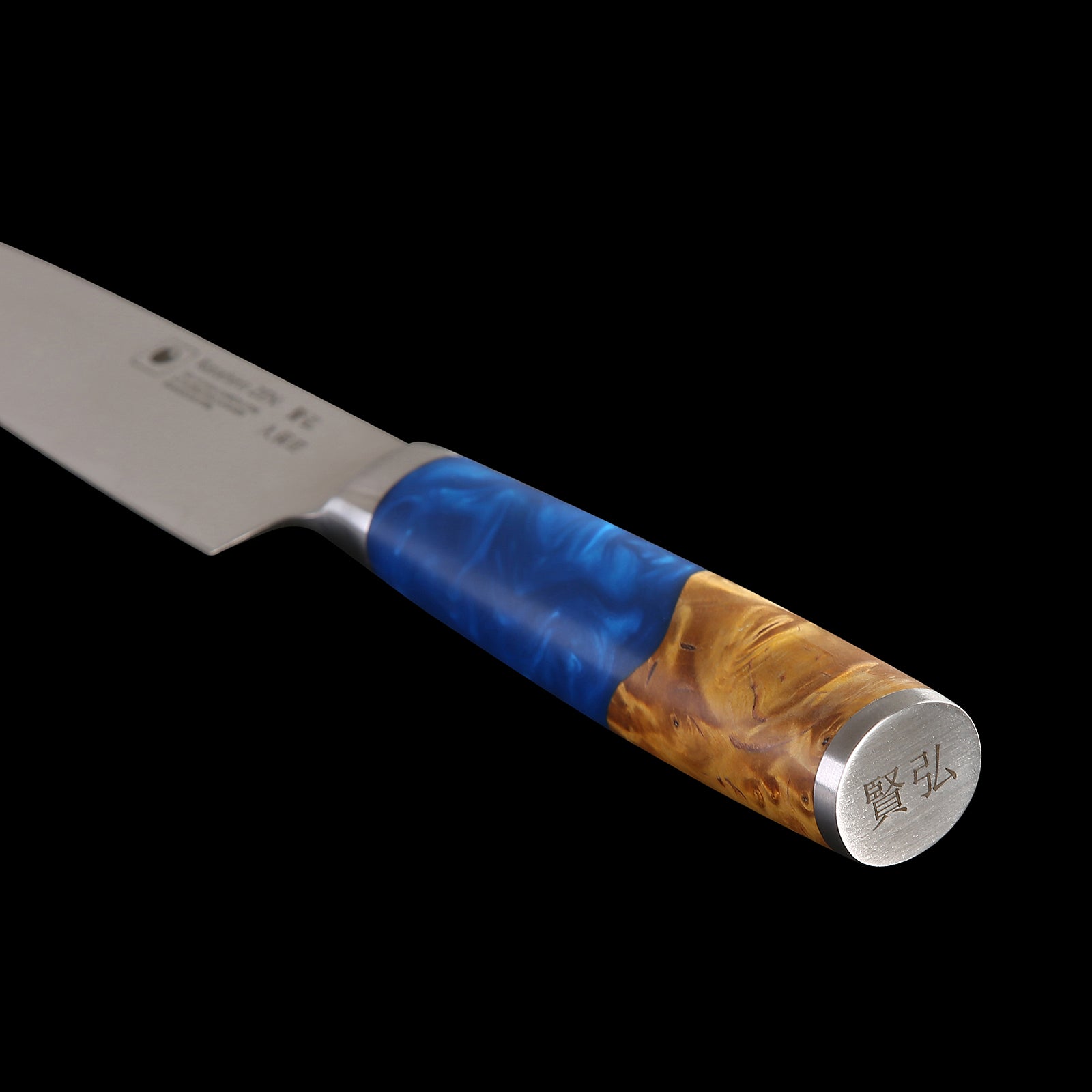 Katahiro Zen 5” Santokumesser, Japanischer VG-10 Damaszener Stahl,  Griff aus weißem Ahorn-Wurzelholz und blauem Acrylharz KATAHIRO ZEN