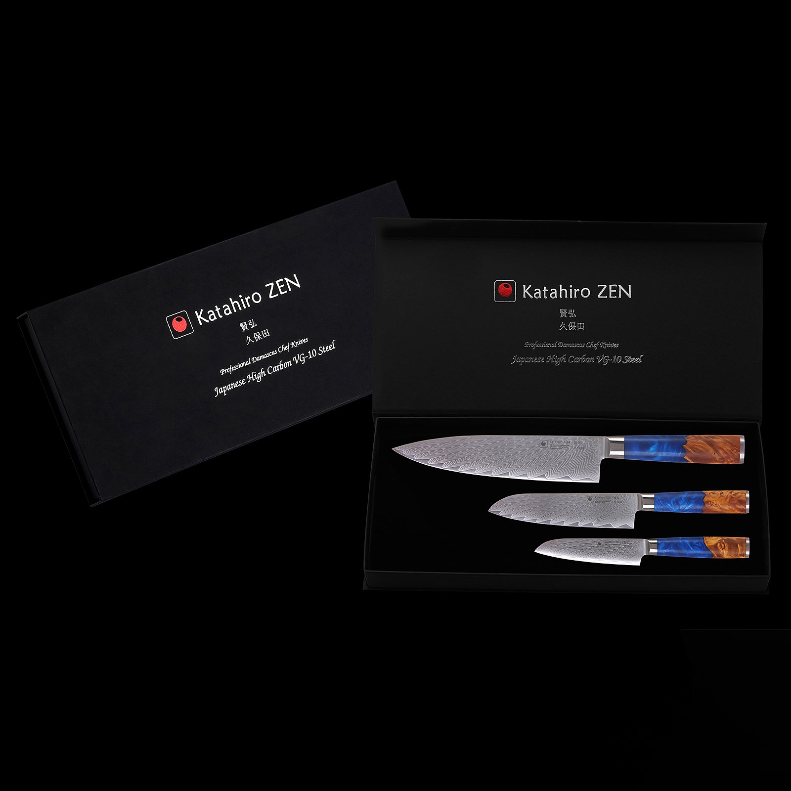 3-tlg. Katahiro Zen Damast Kochmesser-Set (8” Koch-, 7” Santoku-, 5” Santokumesser) Griff aus weißem Ahorn-Wurzelholz und blauem Acrylharz KATAHIRO ZEN