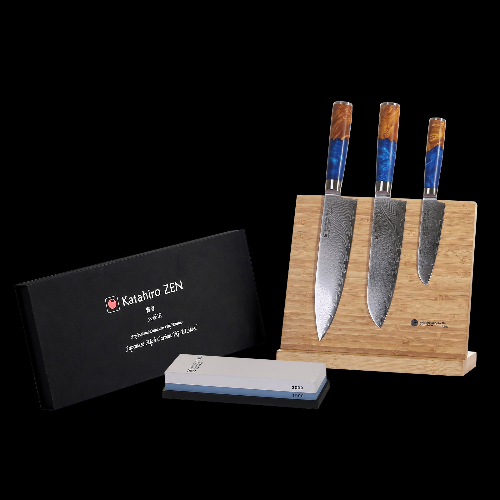3-tlg. Katahiro Zen Damast Kochmesser-Set (8” Koch-, 7” Santoku-, 5” Santokumesser) Griff aus weißem Ahorn-Wurzelholz und blauem Acrylharz, mit Bambus Magnetmesserhalter und Wasserschleifstein (1000/3000) KATAHIRO ZEN