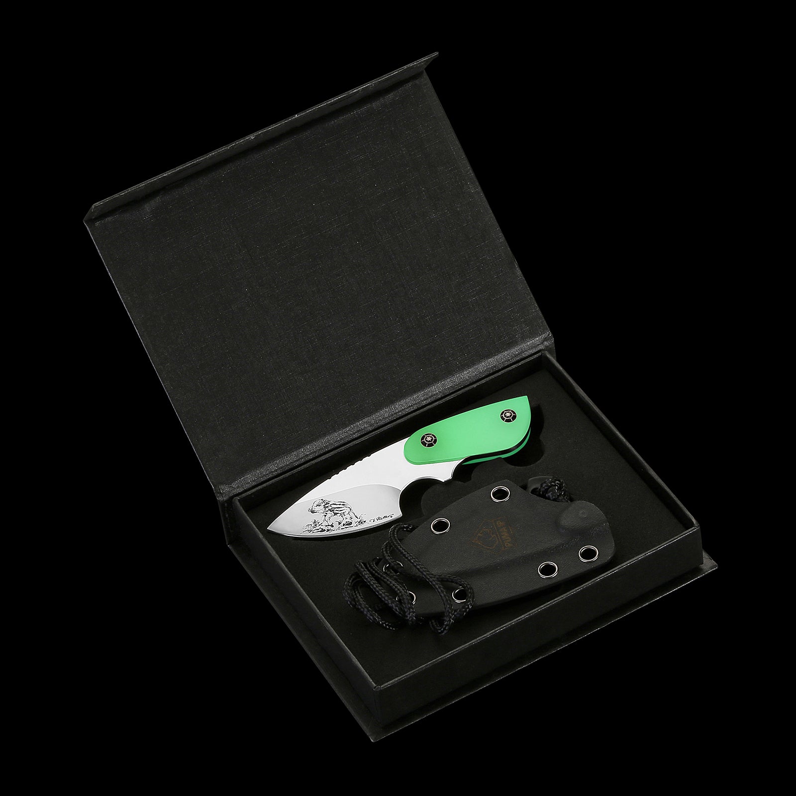 PUMA IP/ Ed Mahony Kleiner Keiler, Grünes lumineszierendes Harz, mit Kydexscheide Halskette ED MAHONY