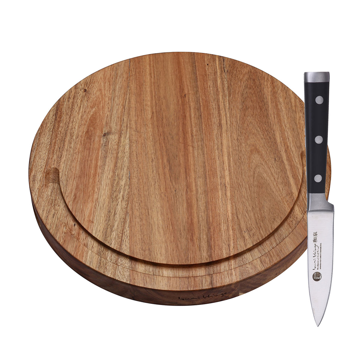IZUMI ICHIAGO Rundes Schneidebrett / Hackbrett mit Saftrinne. Maße: 33.5x33.5x3cm / 1,4 kg aus Akazienholz, mit Leinen-Öl behandelt + Schälmesser IZUMI ICHIAGO