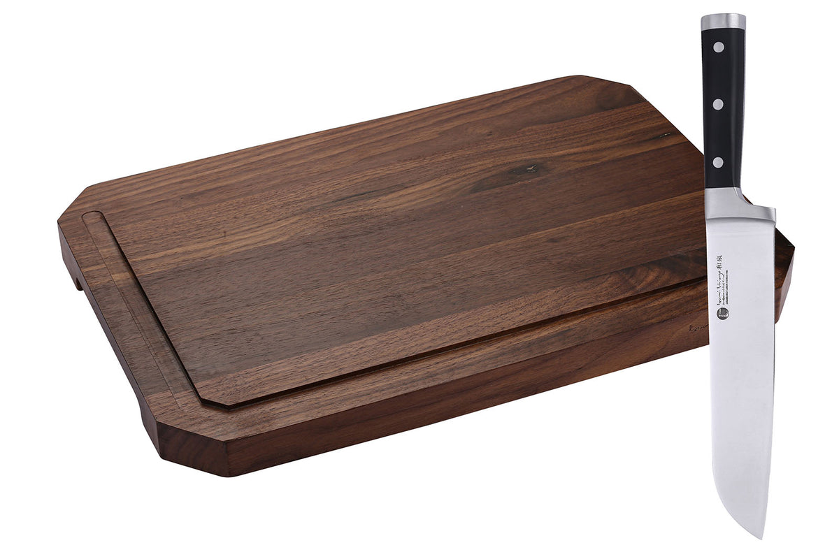IZUMI ICHIAGO Schneidebrett mit Santokumesser und Tomato Schleifstein, Maße: 45x30x3,5cm / 3,0 kgs aus Amerikanischem Walnußholz, mit Leinen-Öl behandelt IZUMI ICHIAGO