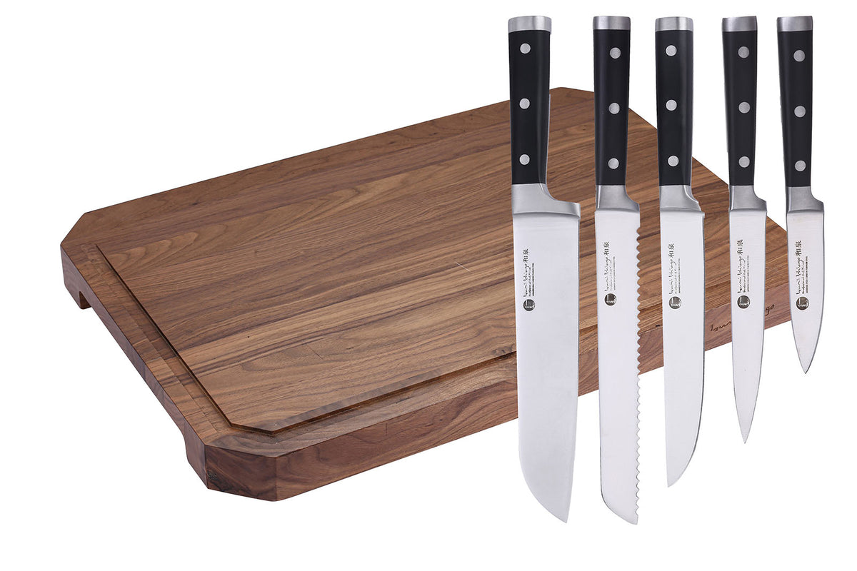 IZUMI ICHIAGO großes Schneidebrett  mit 5 tlg. Santokumesser-Set und Tomato Schleifstein , Maße: 65x42.5x5cm / 9,1 kgs aus Amerikanischem Walnußholz, mit Leinen-Öl behandelt IZUMI ICHIAGO