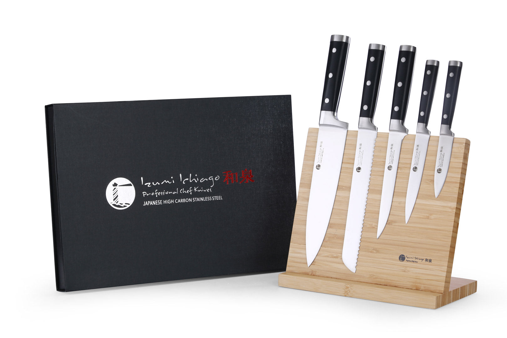 IZUMI ICHIAGO 5 tlg Kochmesser Set "Professional Chef Knives" aus Japanese High Carbon Stainless Steel mit Magnetständer IZUMI ICHIAGO