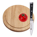 IZUMI ICHIAGO Rundes Schneidebrett / Hackbrett mit Saftrinne mit  Schälmesser und Tomato Schleifstein . Maße: 33.5x33.5x3cm / 1,8 kg aus Thailändischem Gummibaum, mit Leinen-Öl behandelt IZUMI ICHIAGO