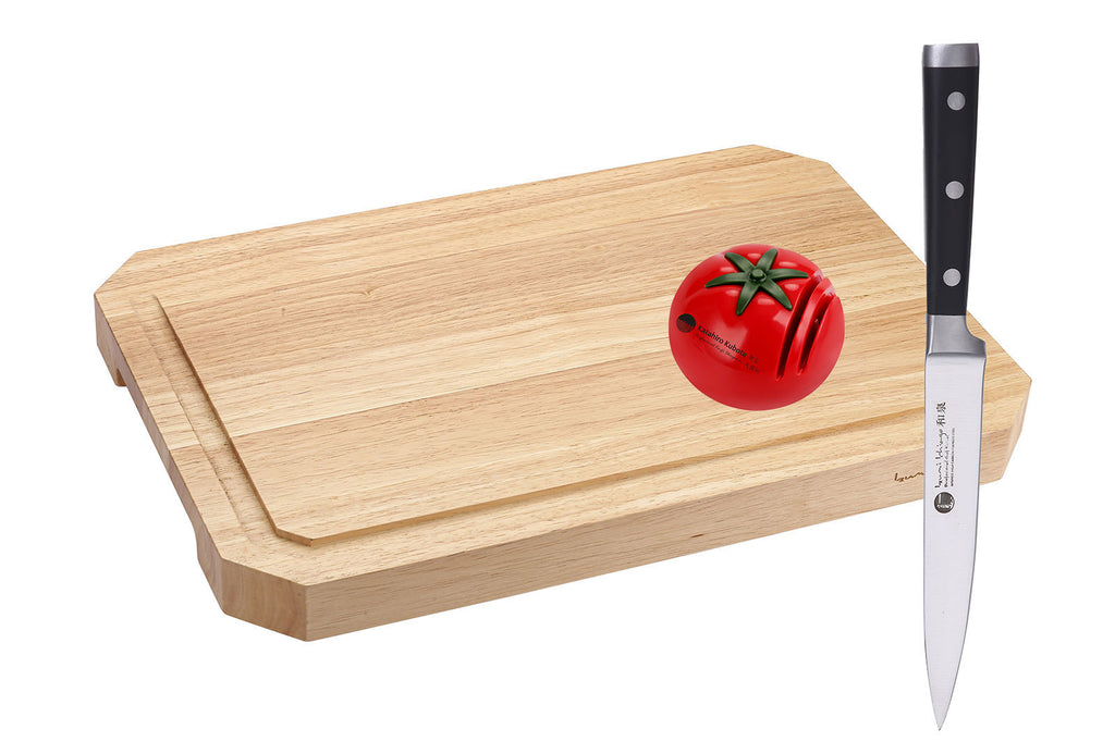 IZUMI ICHIAGO Schneidebrett mit Gemüsemesser und Tomato Schleifstein,  Maße: 45x30x3,5cm / 3,4 kg aus Thailändischem Gummibaum, mit einen-Öl behandelt IZUMI ICHIAGO