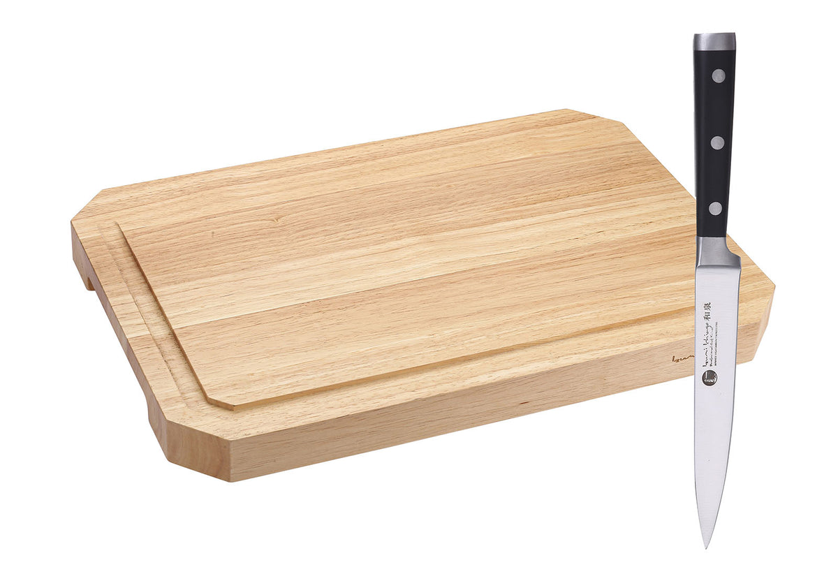 IZUMI ICHIAGO Schneidebrett mit Gemüsemesser und Tomato Schleifstein,  Maße: 45x30x3,5cm / 3,4 kg aus Thailändischem Gummibaum, mit einen-Öl behandelt IZUMI ICHIAGO