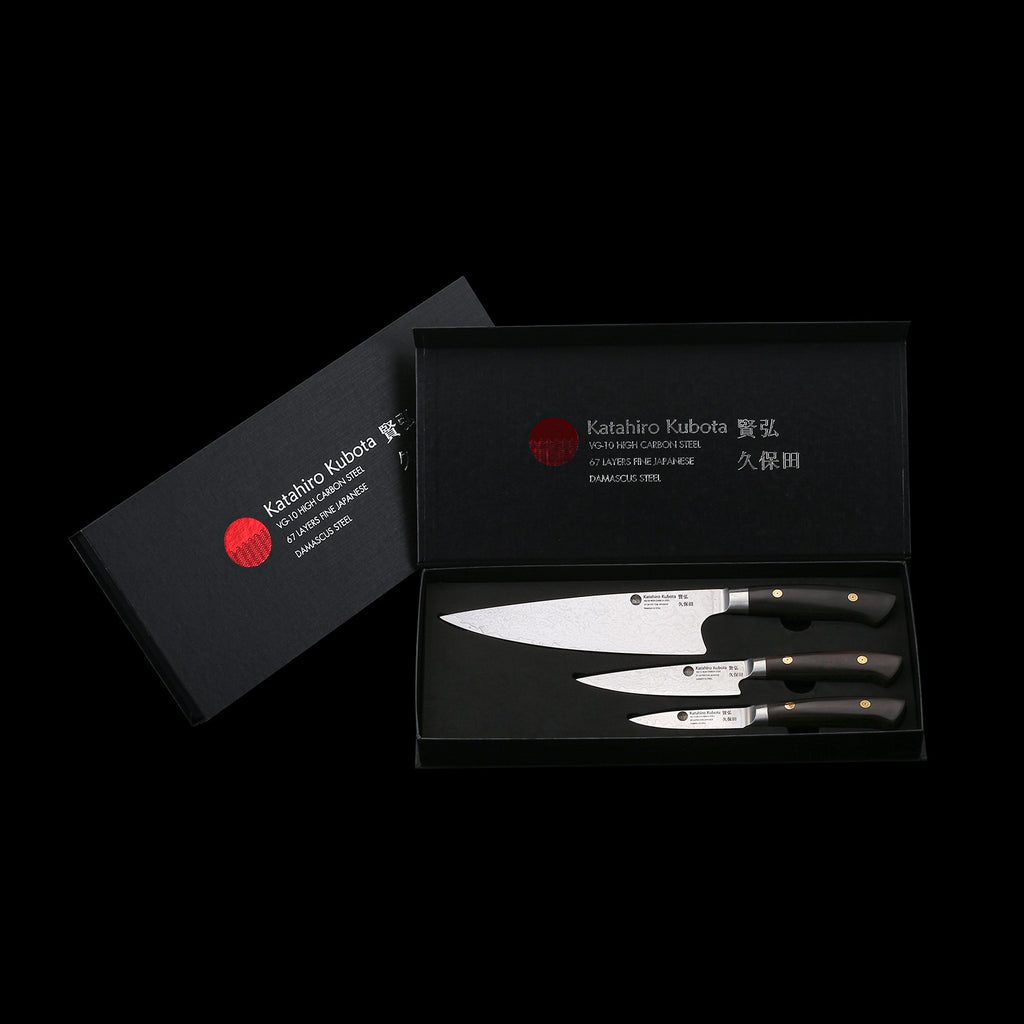KATAHIRO KUBOTA SENSE 3-tlgs. Kochmesser Damast set ,3.5" Petty Schälmesser+ 5" Kochmesser + 8" Kochmesser , Japanischer VG-10 damast Edelstahl mit  Griff Ebenholz KATAHIRO KUBOTA