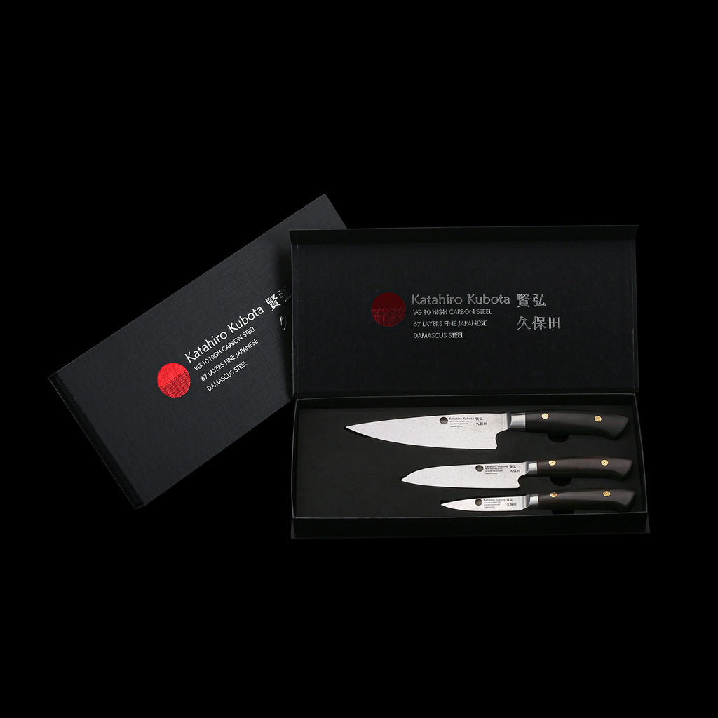 KATAHIRO KUBOTA SENSE 3-tlgs.  Kochmesser Damast set mit Bambus Magnetmesserhalter und Wasserschleifstein, 3.5"Petty Schälmesser + 5" Santokumesser +  6" Kochmesser,Japanischer VG-10 damast Edelstahl mit  Griff Ebenholz KATAHIRO KUBOTA