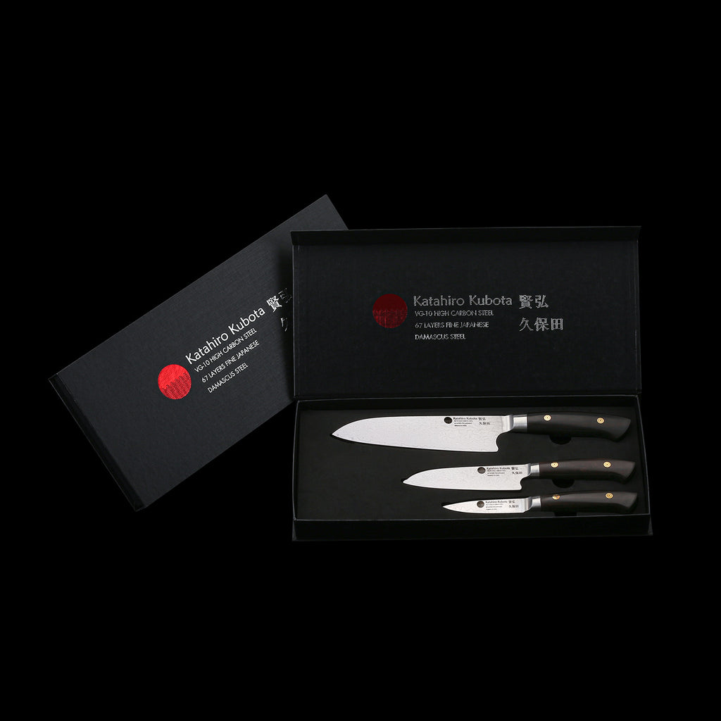 KATAHIRO KUBOTA SENSE 3-tlgs.  Santokumesser Damast set,3.5"Petty Schälmesser + 5" Santokumesser +  7" Santokumesser,Japanischer VG-10 damast Edelstahl mit Griff Ebenholz KATAHIRO KUBOTA