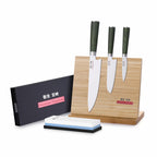 Miyazaki Kodawari 3 tlg. Kochmesser set mit Magnetmesserhalter & Wasserschleifstein, Griff aus Pakkaholz grün TAKAHIRO MIYAZAKI