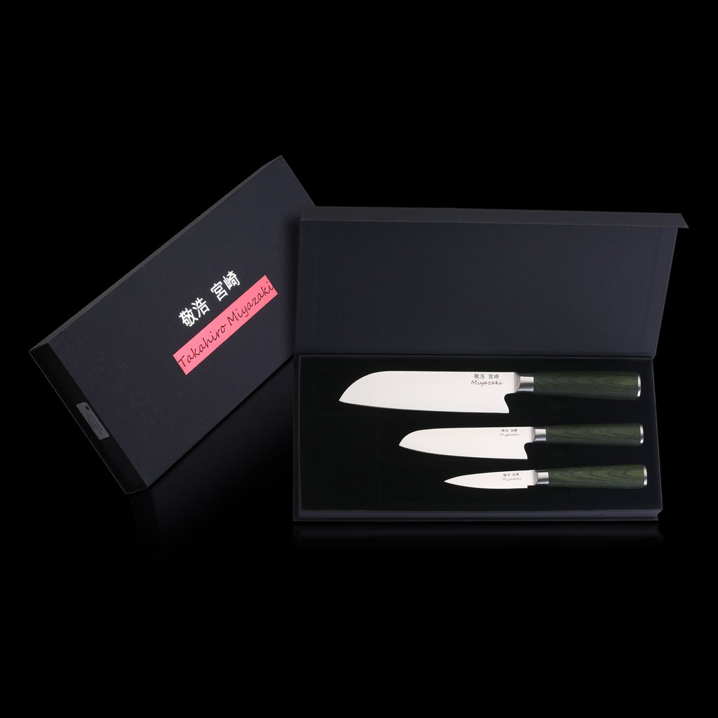 Miyazaki Kodawari 3 tlg. Santokumesser set mit Magnetmesserhalter & Wasserschleifstein, Griff aus Pakkaholz grün TAKAHIRO MIYAZAKI