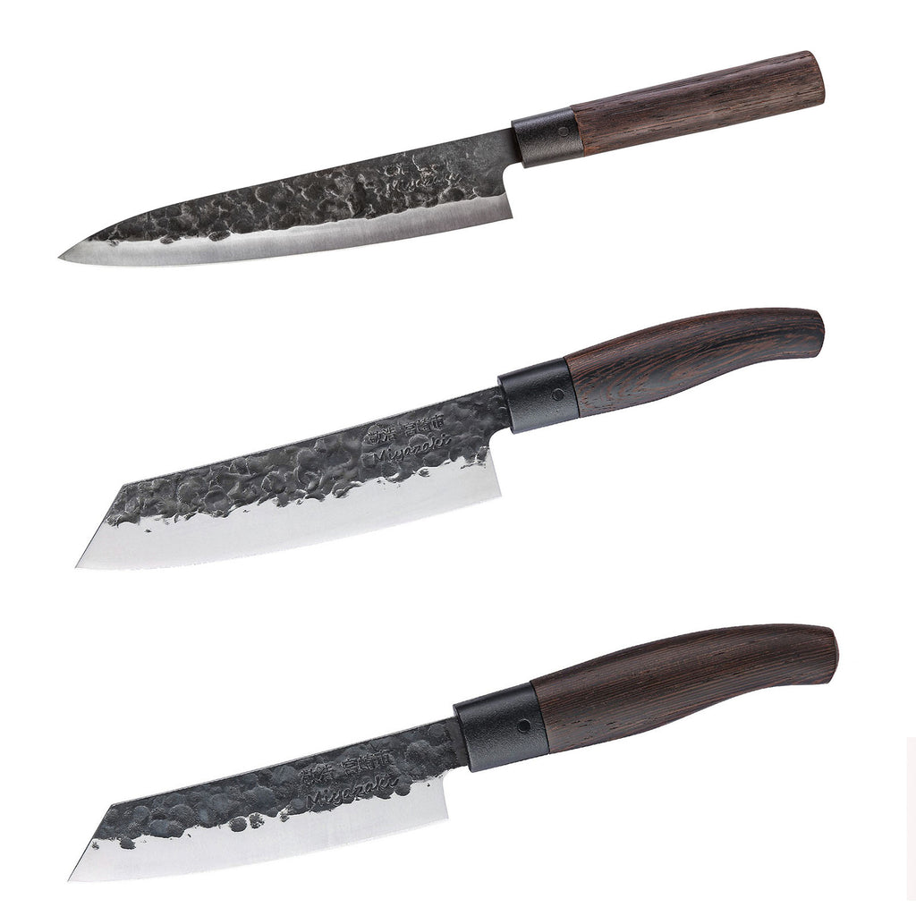 TAKAHIRO MIYAZAKI - 3-er Set Gyotu - Fisch- und Fleischmesser  8 inch, Santoku Bocho Okii 7 inch und Chiisai 5.5 inch, aus japanischem blauem Papierstahl mit Griff aus Wenige TAKAHIRO MIYAZAKI
