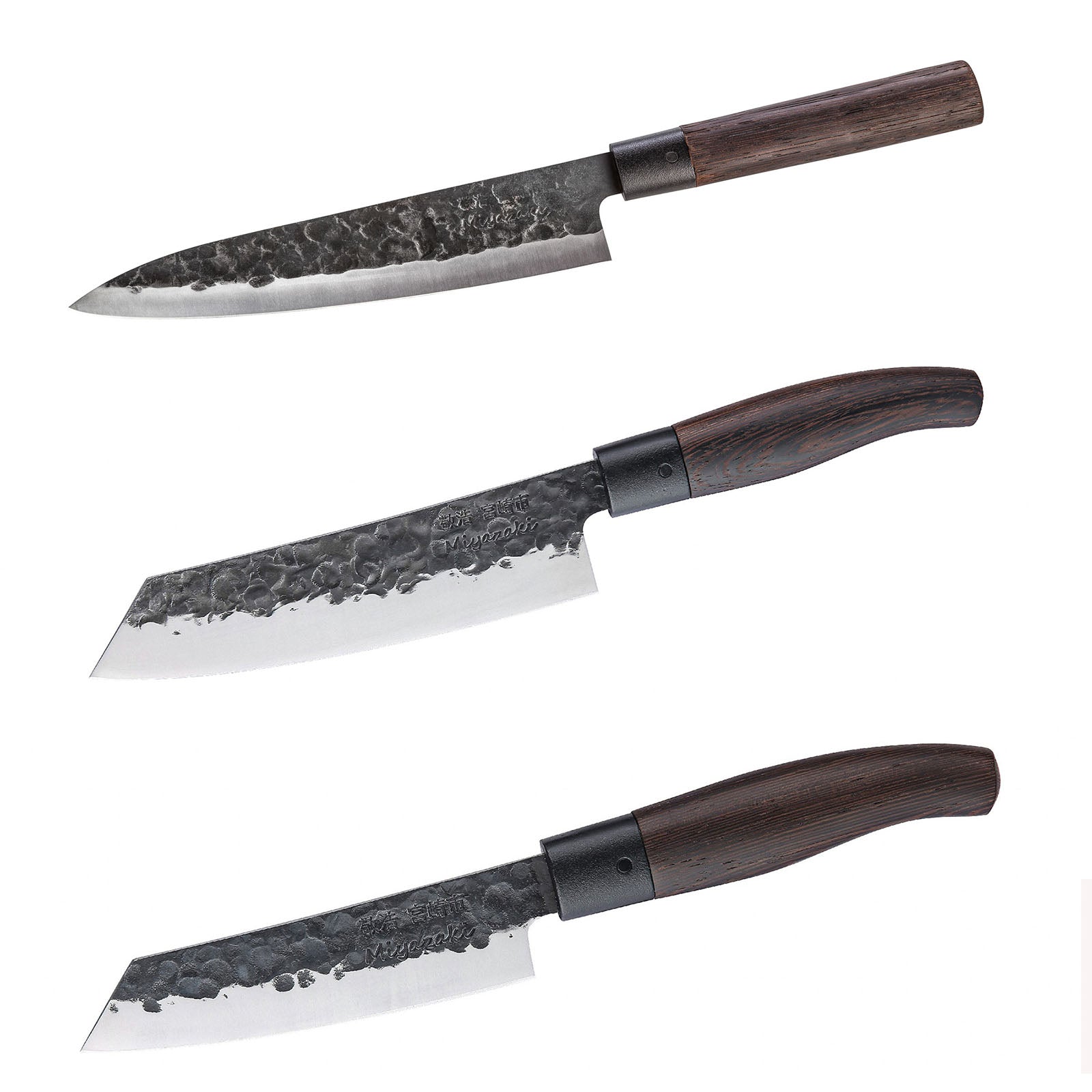 TAKAHIRO MIYAZAKI - 3-er Set Gyotu - Fisch- und Fleischmesser  8 inch, Santoku Bocho Okii 7 inch und Chiisai 5.5 inch, aus japanischem blauem Papierstahl mit Griff aus Wenige TAKAHIRO MIYAZAKI