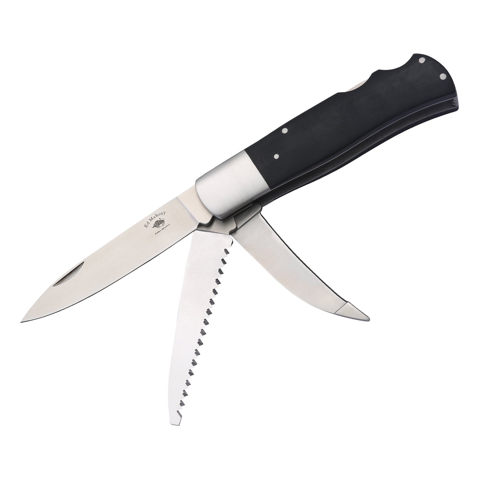ED MAHONY Multi-tool, Jagdtaschenmesser, 3-Klingen 440C, mit Griffschalen aus Ebenholz ED MAHONY