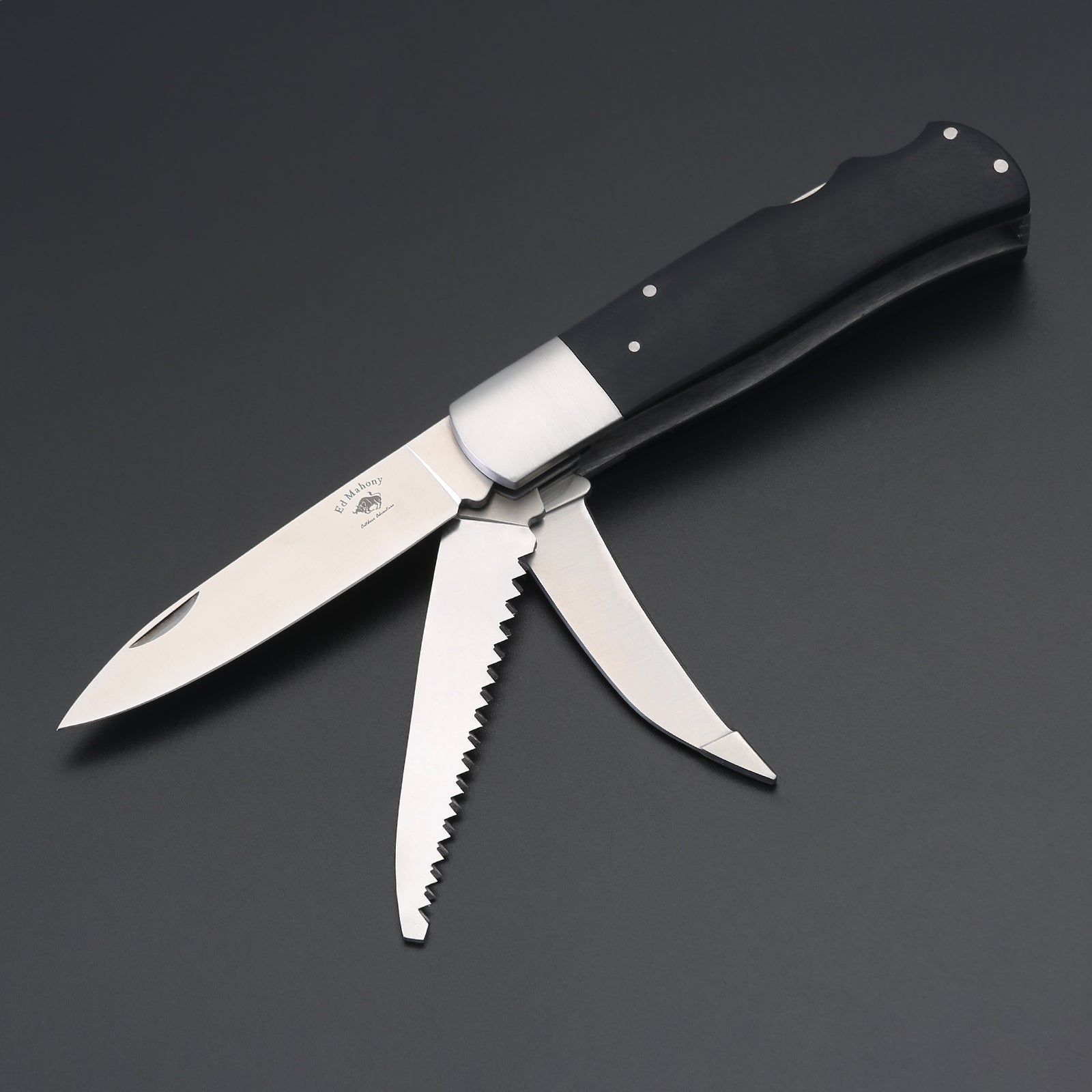 ED MAHONY Multi-tool, Jagdtaschenmesser, 3-Klingen 440C, mit Griffschalen aus Ebenholz ED MAHONY