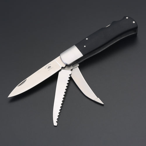 ED MAHONY Multi-tool, Jagdtaschenmesser, 3-Klingen 440C, mit Griffschalen aus Ebenholz ED MAHONY