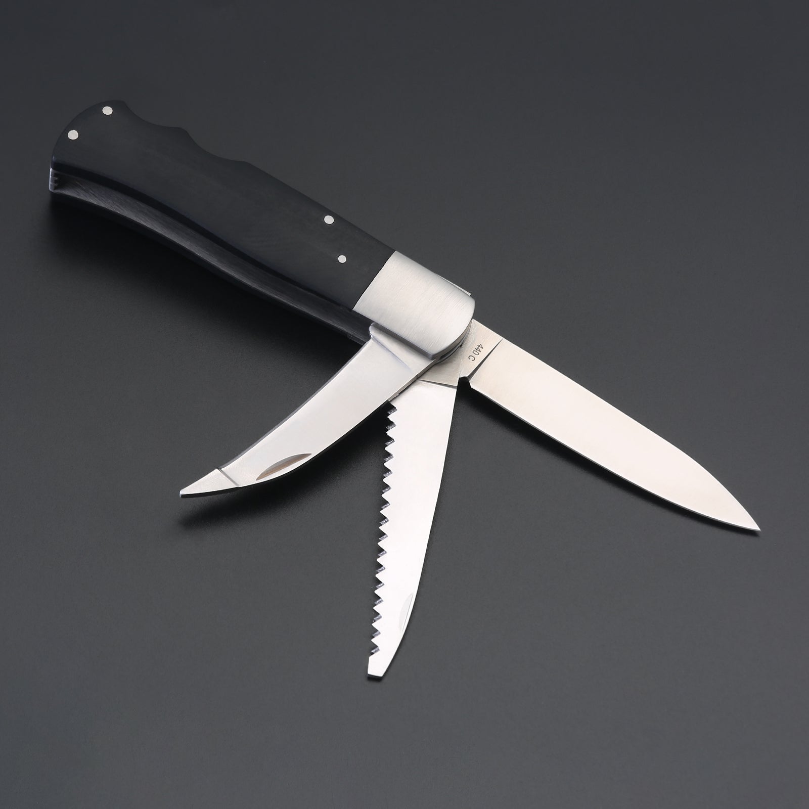 ED MAHONY Multi-tool, Jagdtaschenmesser, 3-Klingen 440C, mit Griffschalen aus Ebenholz ED MAHONY