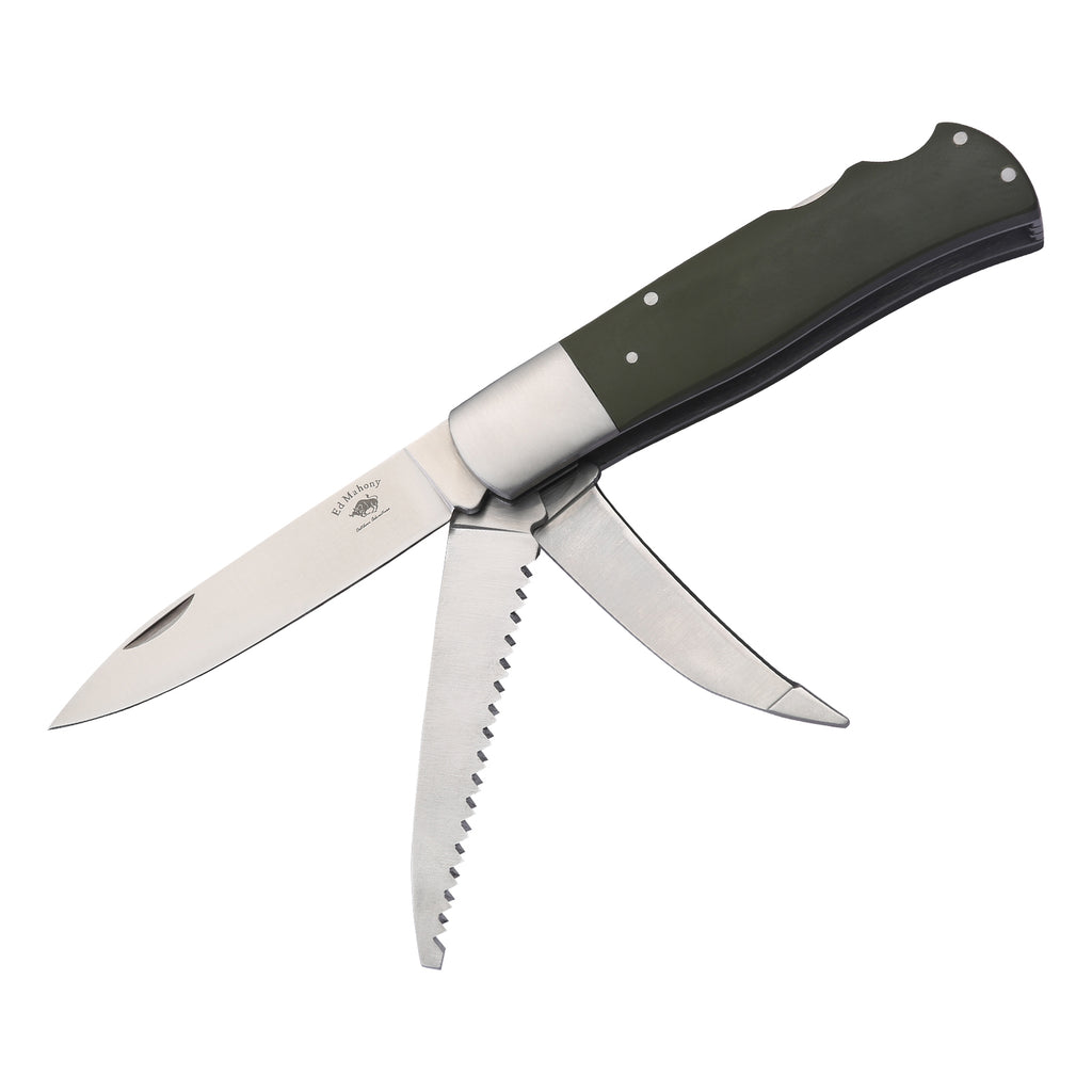 ED MAHONY Multi-tool, Jagdtaschenmesser, 3-Klingen 440C, Griffschalen aus olivegrünem ED MAHONY