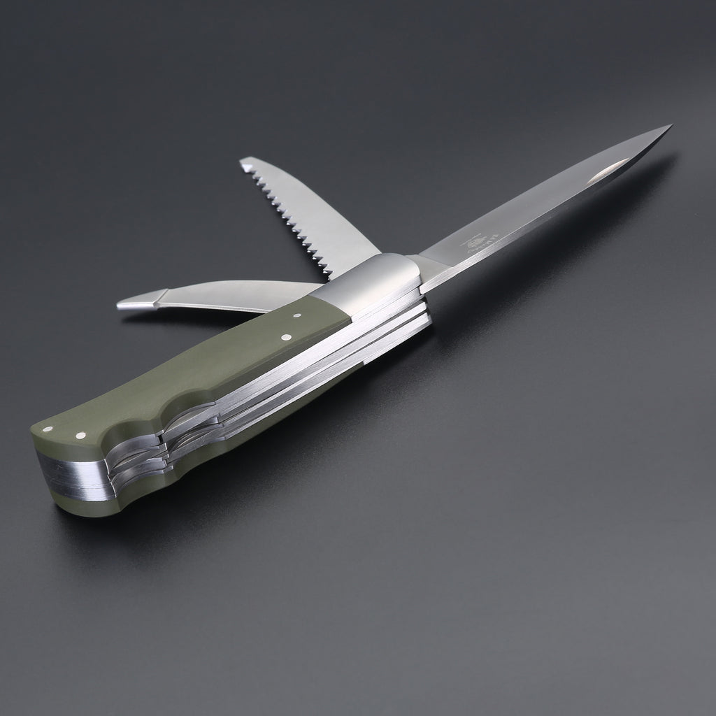 ED MAHONY Multi-tool, Jagdtaschenmesser, 3-Klingen 440C, Griffschalen aus olivegrünem ED MAHONY