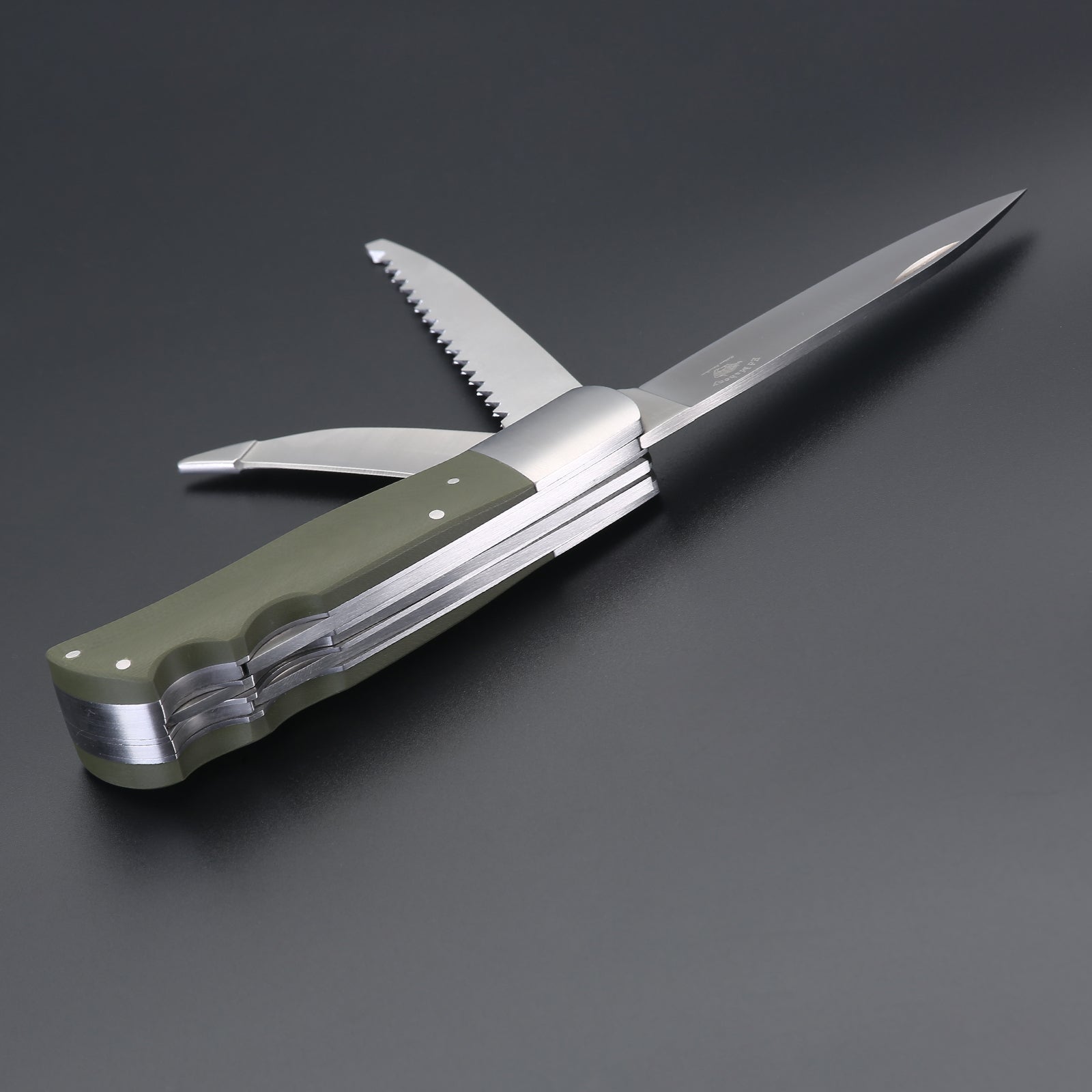 ED MAHONY Multi-tool, Jagdtaschenmesser, 3-Klingen 440C, Griffschalen aus olivegrünem ED MAHONY